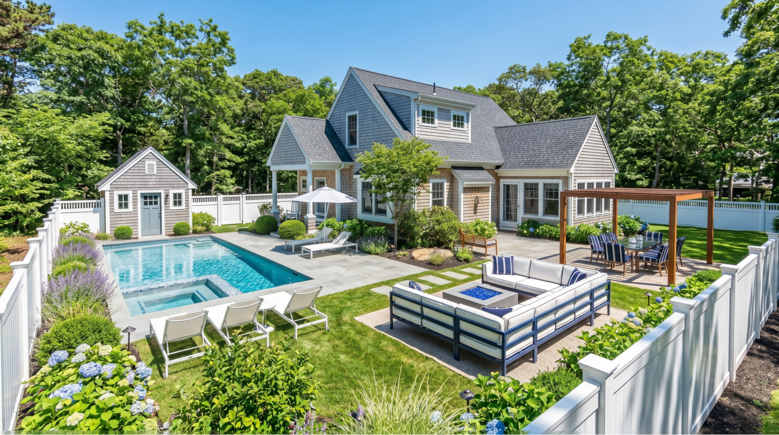 After, alternate scheme: pool with spa, white fence, navy outdoor lounge and fire table