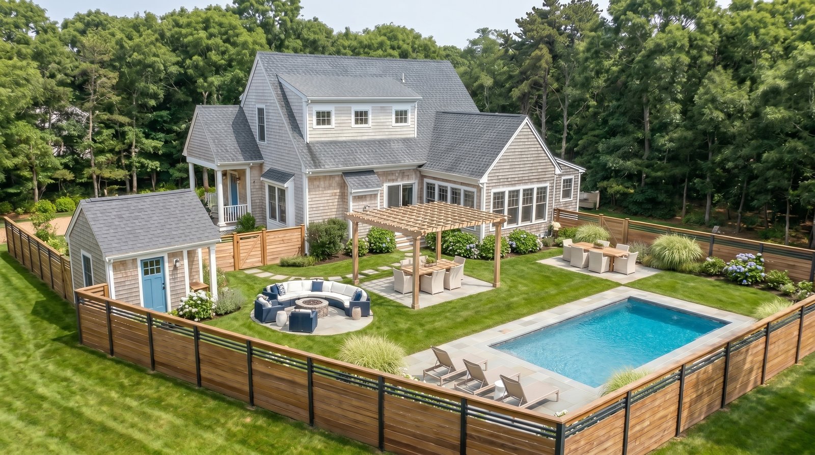 After: pool, pergola dining, fire pit lounge and cedar fence