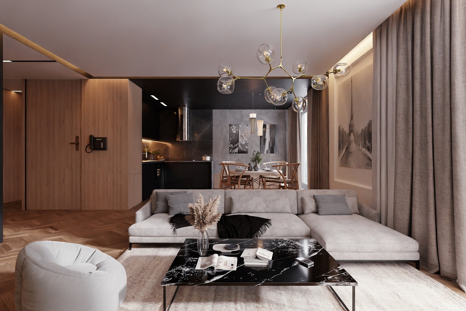 AI-rendered modern living room with parquet floor and sculptural chandelier