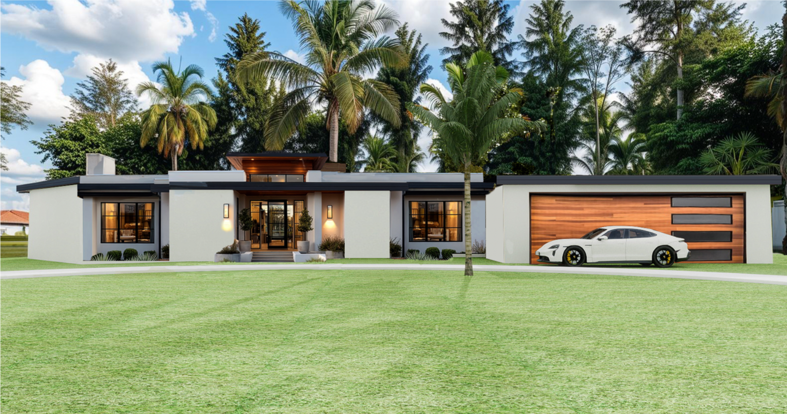 Mid-century modern Miami home with wood garage door and white sports car
