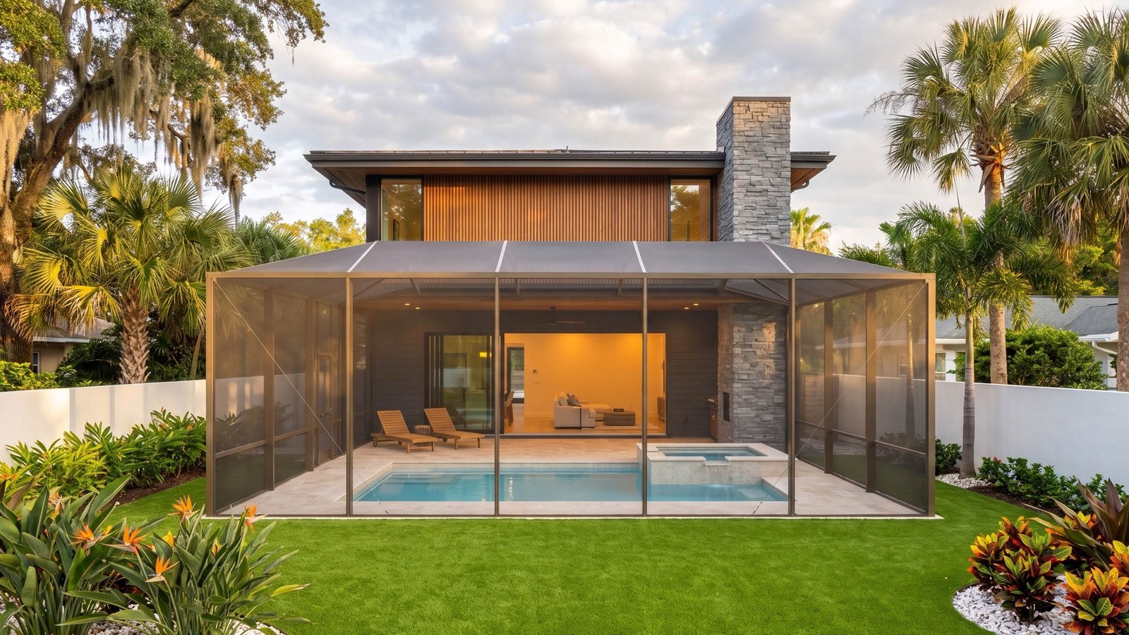 Rear elevation with a screened pool enclosure at dusk