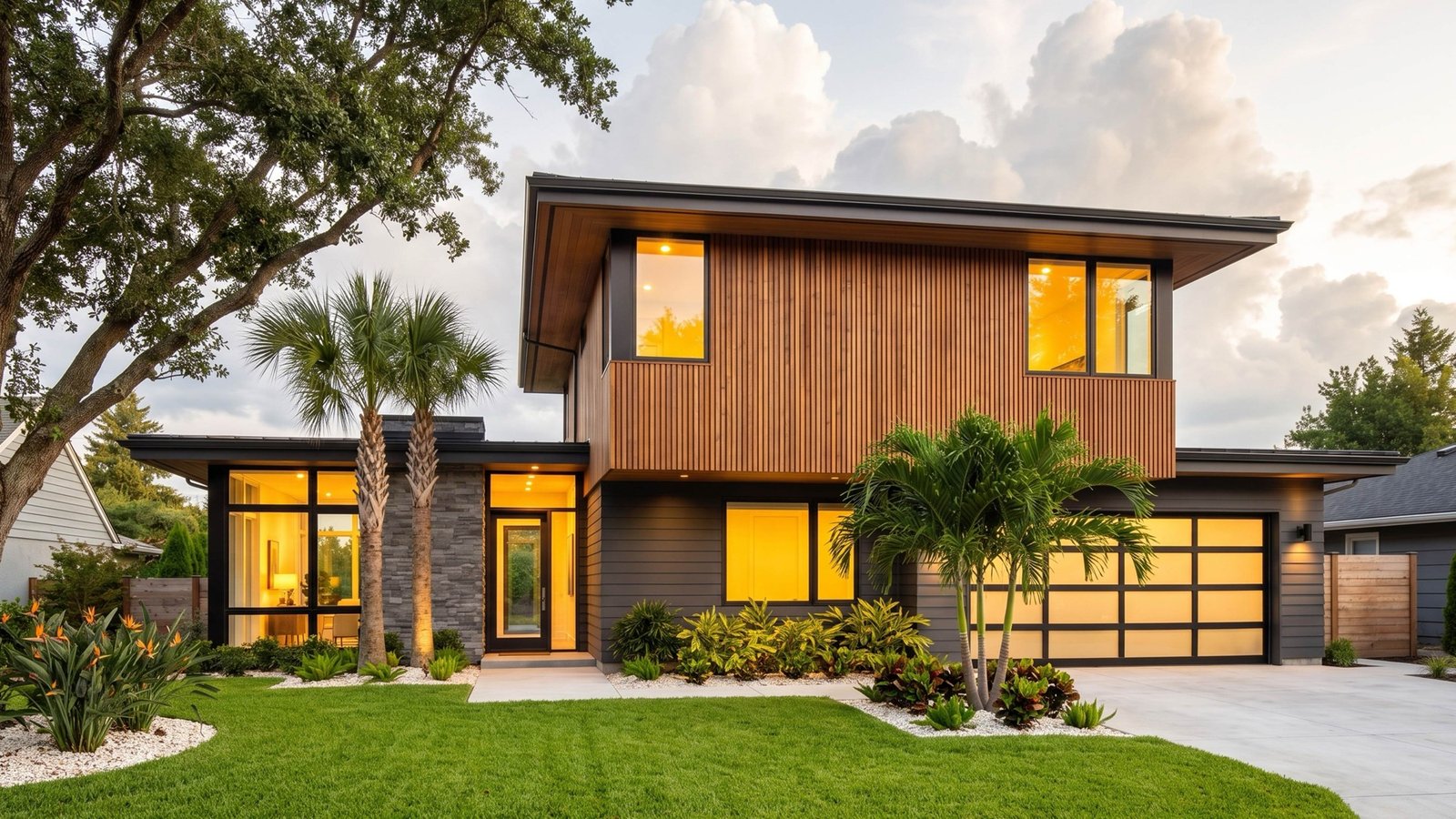 Front elevation with cedar cladding, palms and a glass garage door at sunset