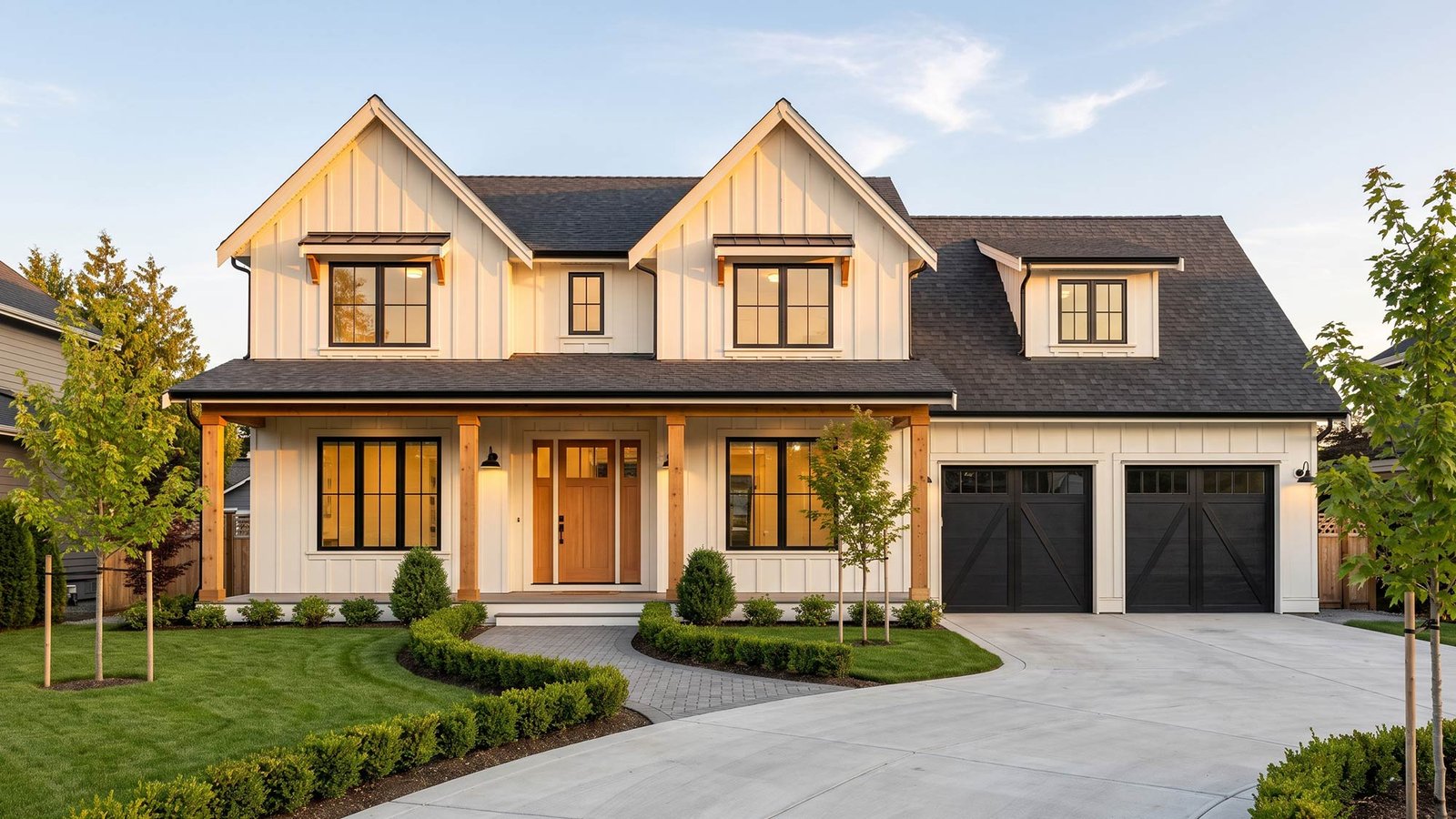 Single-storey Miami home with a cedar garage door and a white sports car on the drive