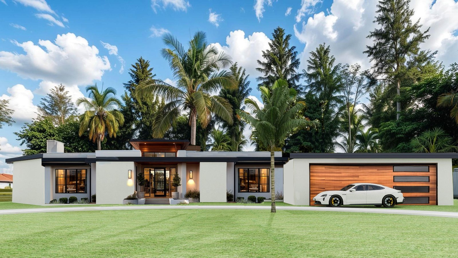 Single-storey Miami home seen wide, with palms and a manicured lawn
