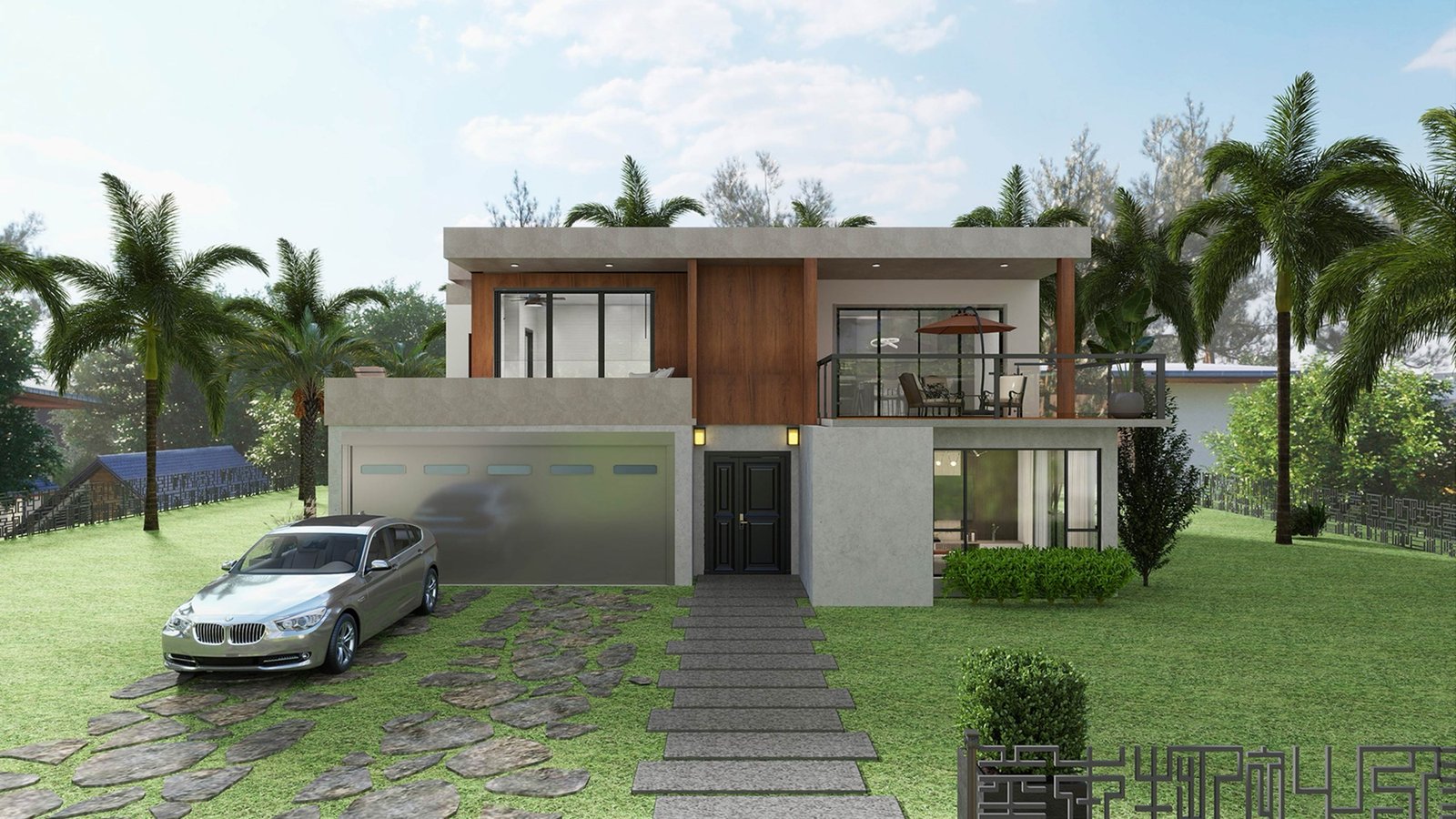 Two-storey modern home with a balcony, stone path and a car in the driveway