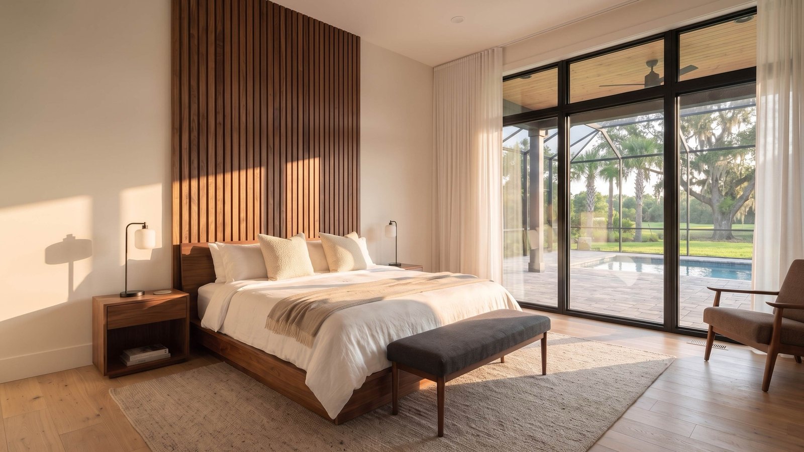 Bedroom with a slatted walnut headboard wall and sliding glass doors to the lanai