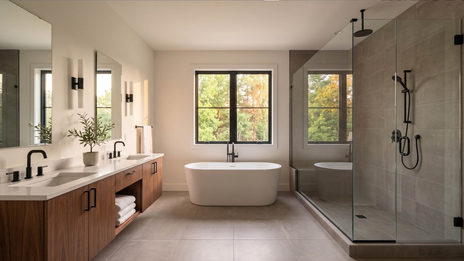 Bathroom with a freestanding tub between two windows, a double vanity and a glass shower