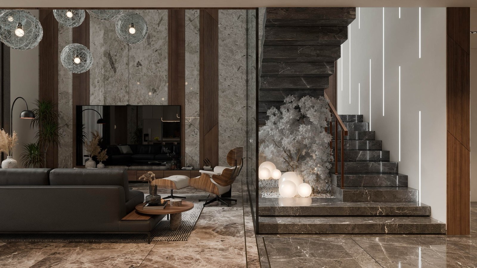 Marble living room with a floating stone stair and sculptural pendant lighting