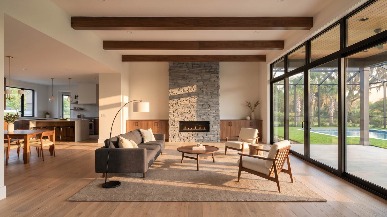 Great room with walnut ceiling beams, a stone fireplace and sliding glass to the pool