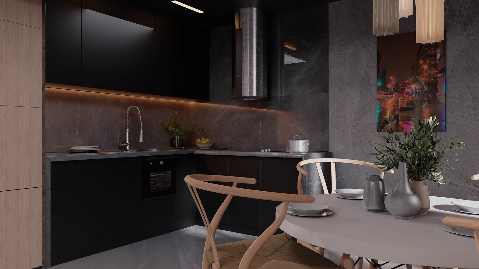 Dark kitchen with a stone backsplash, brass hood and wishbone chairs at the table