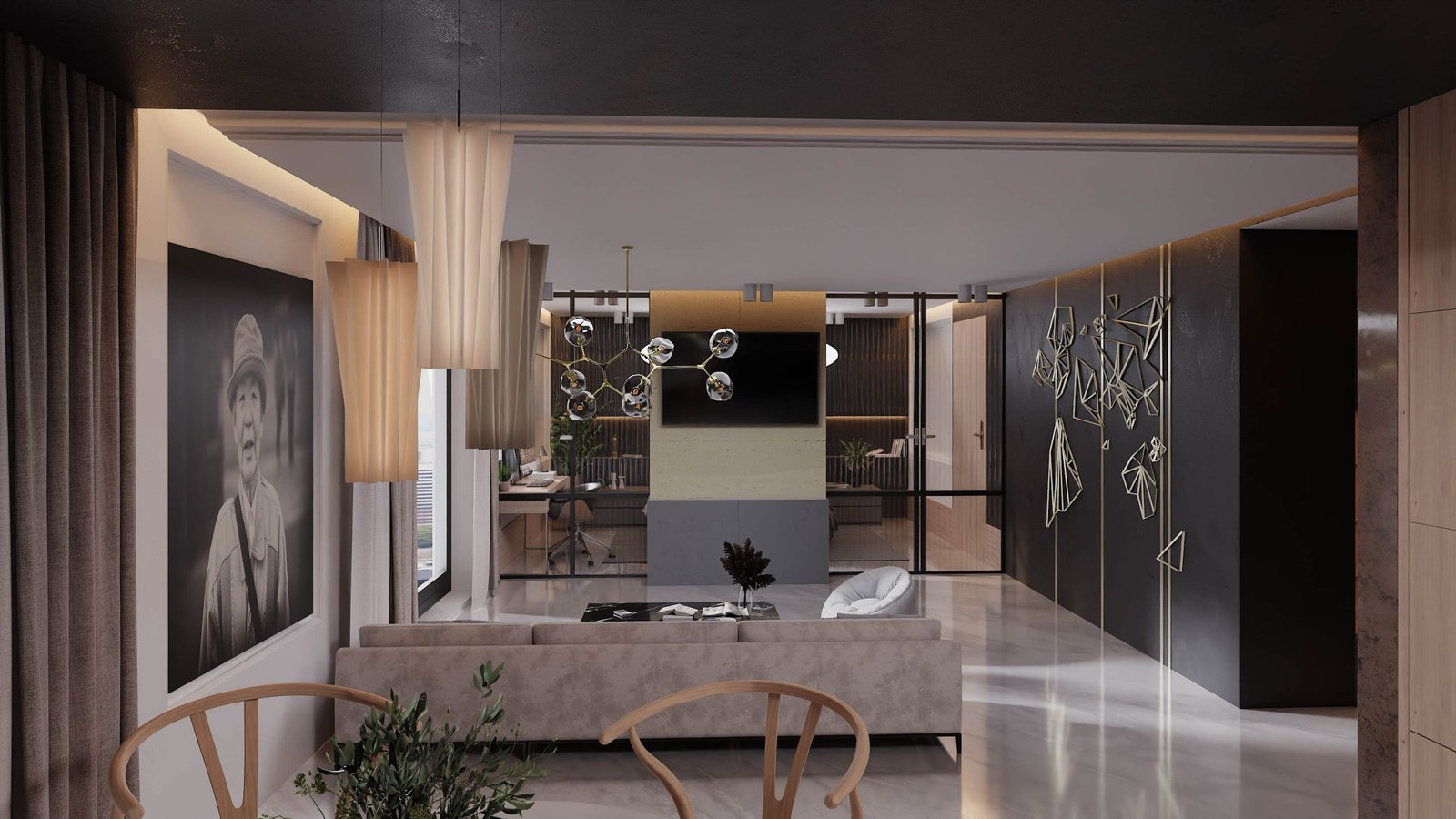 Living and dining space looking through to a glazed home office with gold wall art