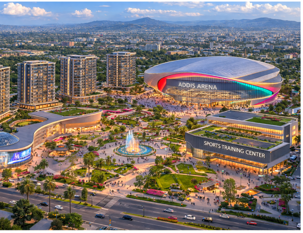 Aerial render of an arena and mixed-use district at golden hour