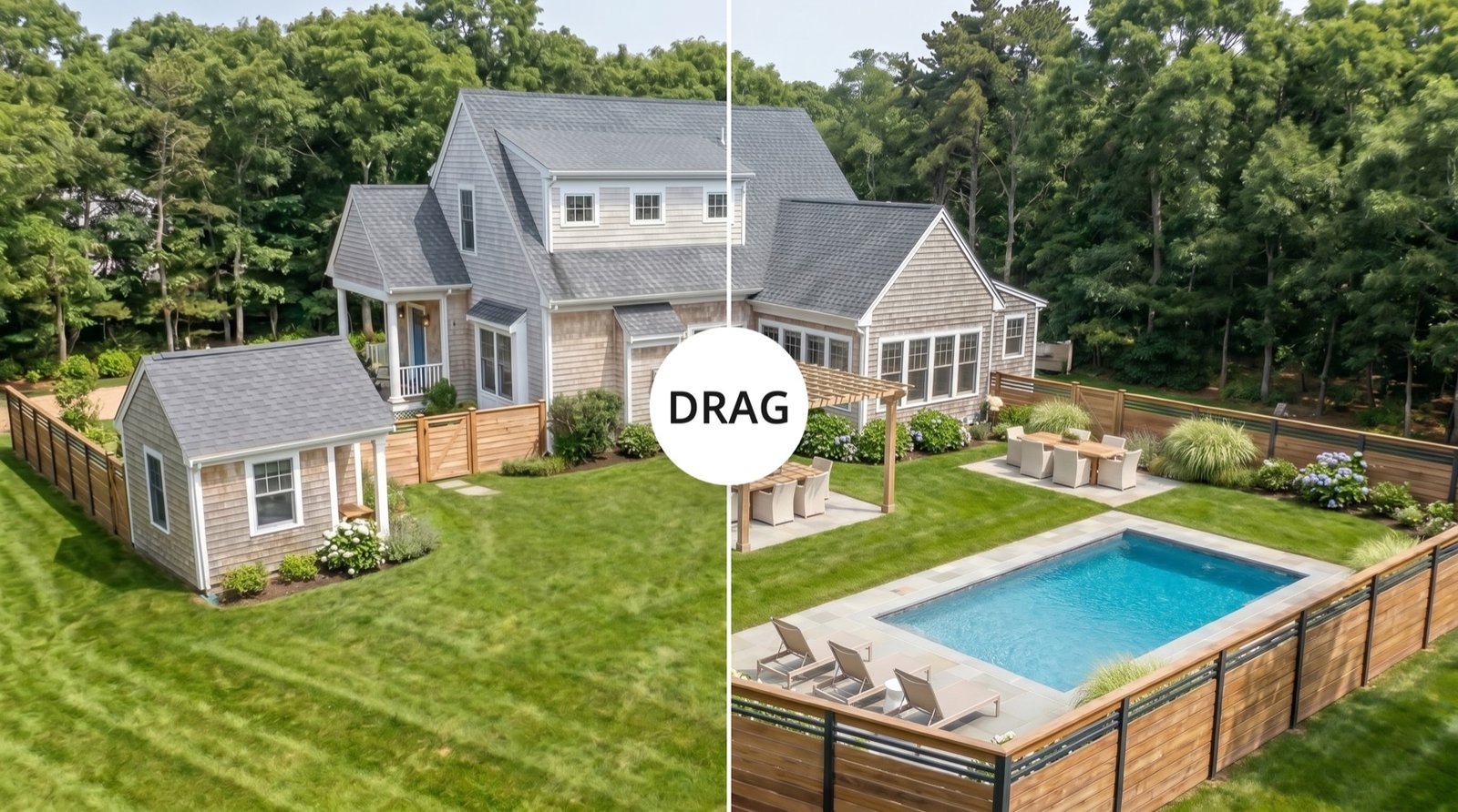 Backyard before and after: open lawn on the left, pool, pergola and fire pit lounge on the right