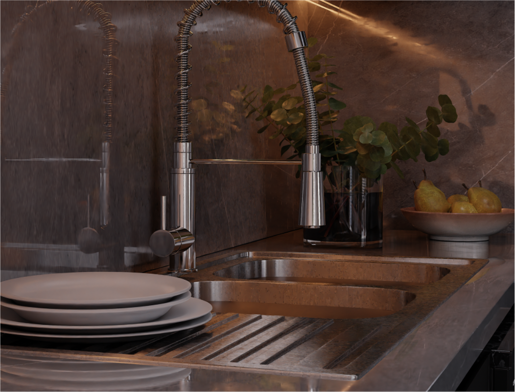 Close-up interior render of a kitchen sink and stone backsplash