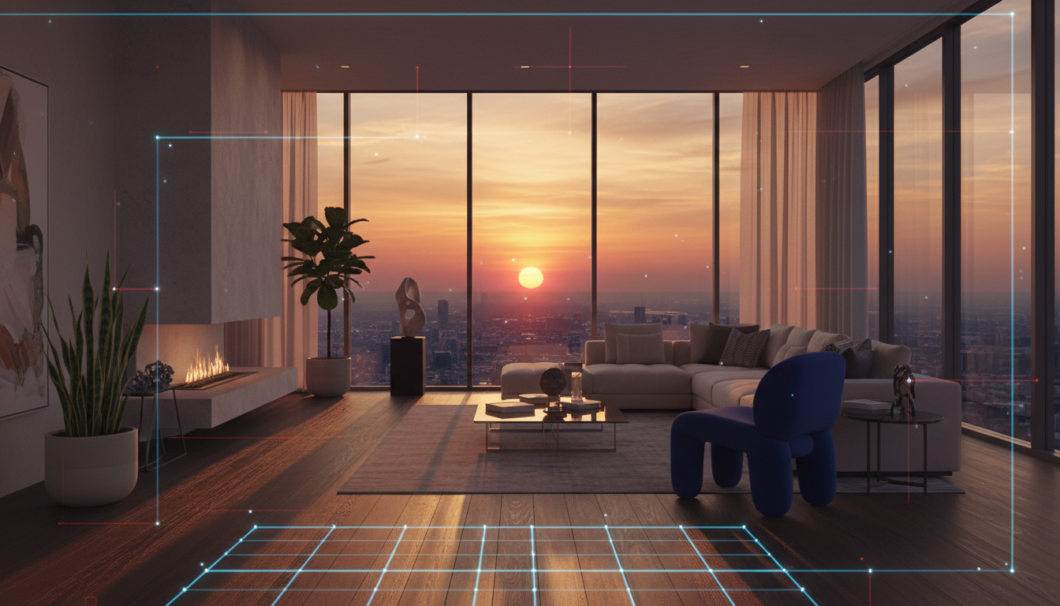 AI-powered 3D visualization of a modern living room with holographic wireframe overlay