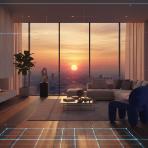 AI-powered 3D visualization of a modern living room with holographic wireframe overlay